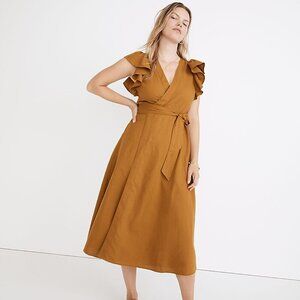 Madewell Linen-Blend Ruffle-Sleeve Wrap Midi Dress